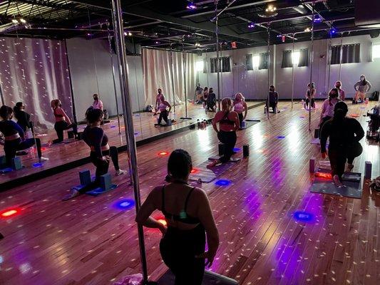 Flexibility class under the disco ball.