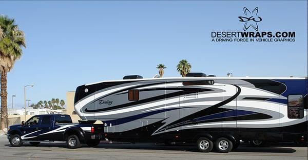 Custom RV wrap installed in Palm Desert, CA by DesertWraps.com. Call us at 760-935-3600.