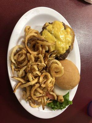 Double cheeseburger and curly fries