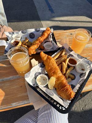 Fish and Chips with tartar sauce and curry ketchup