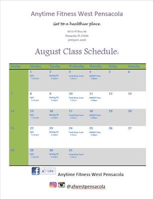 August 2016 Class Schedule. Free for all AF Members and a $5 walk-in fee for guests.