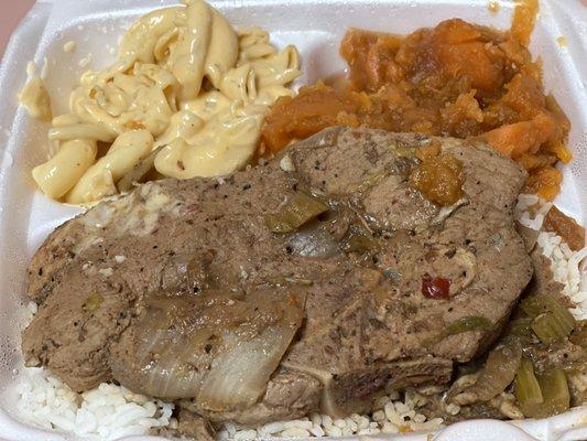 Pork chop, mac and cheese, sweet potatoes