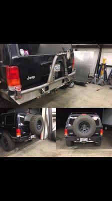 Custom rear bumper with tire carrier for Jeep Cherokee