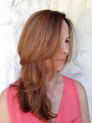 "Chestnut & ginger" balayage highlights with layers designed to release weight and add lots of movement