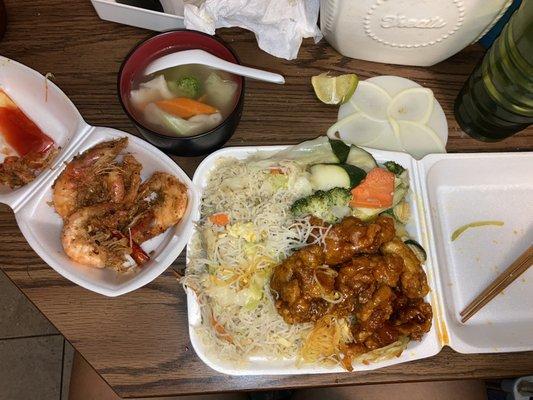 Wonton soup, Orange Chicken, Mix Vegetable, rice noodles, Fried Rice, spicy shrimp