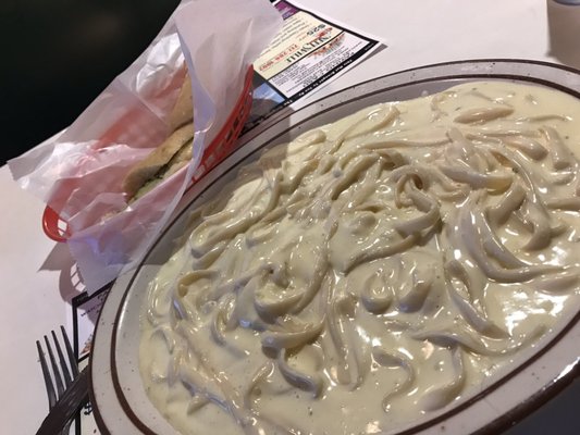 Alfredo - comes with a side salad and garlic bread.