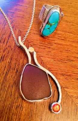 Stirling silver sea glass necklace with 14k yellow gold accent and orange citrine; Stirling silver turquoise ring