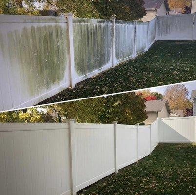 Before and after of Fence being Pressure Washed