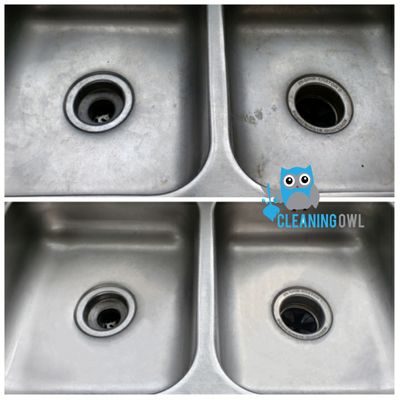 Before and After of a kitchen sink. We removed paint and deep stains that had been there for years.