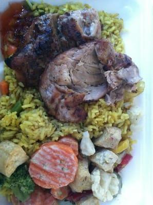 $5.00 for garlic chicken, pineapple rice and coconut curry mixed veggies and tofu