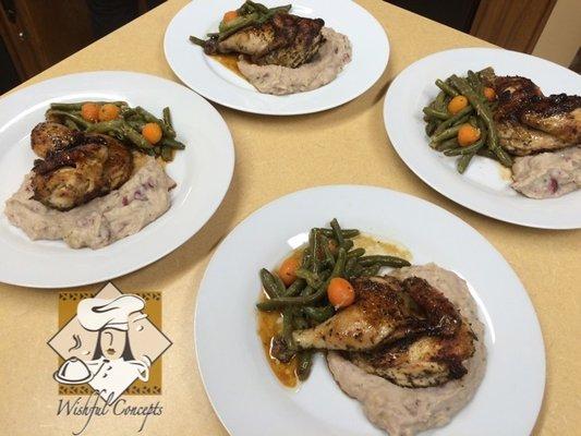 Rum Raisin Cornish Hens with purple whipped potatoes and veggies