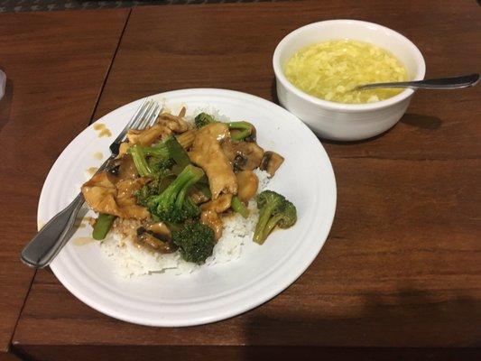 Hotel room cam; egg drop soup, chicken and scallops.