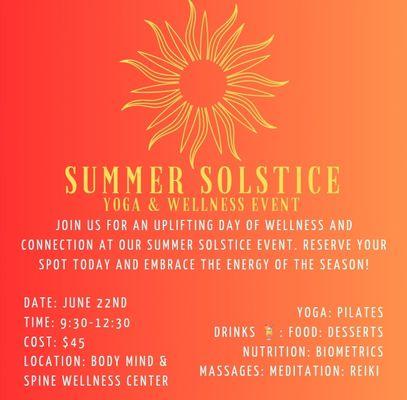 Join us for an uplifting day of wellness&connection at our Summer Solstice event. Reserve your spot today&embrace the energy of the season!