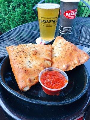 Pepperoni Sausage Calzone and Excelsior beer