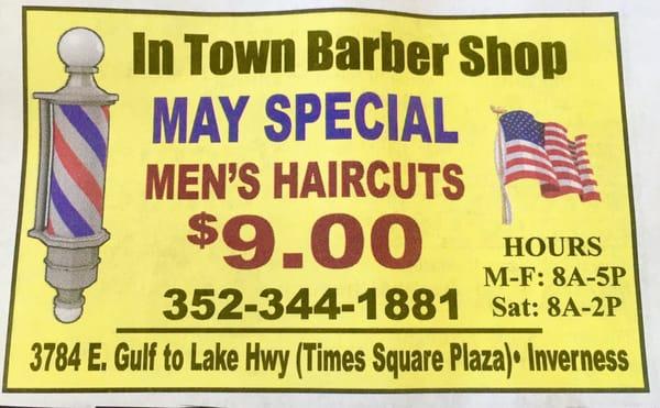 Come on in and get your men's haircut for the month of may for $9