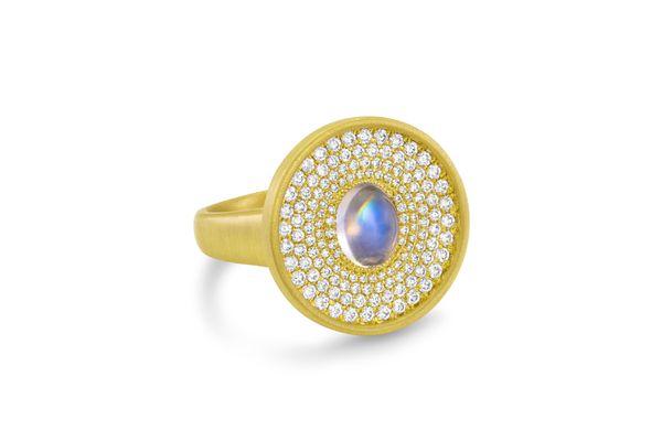 Amani Disk Ring with Center Moonstone and diamond pavé in 18k yellow gold