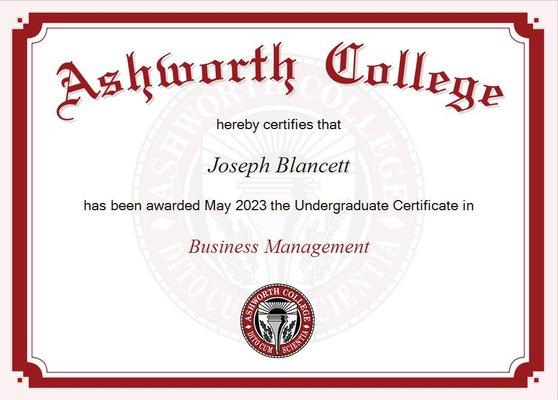 My certificate from Ashworth College