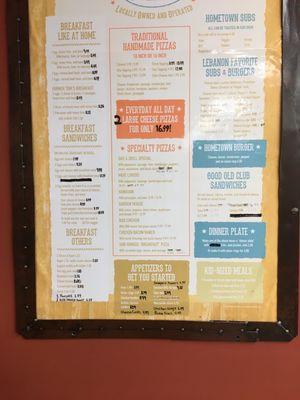 Full menu with corrections on some items.