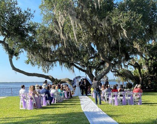 Millie's Events arrived at 6am for a morning wedding. They setup the chairs and sashes on each chair with lavender picks. Full dinner serv.