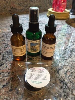 Custom flower essence blend for Odie's anxiety, training essence, flea/tick/mosquito spray, and healing salve.