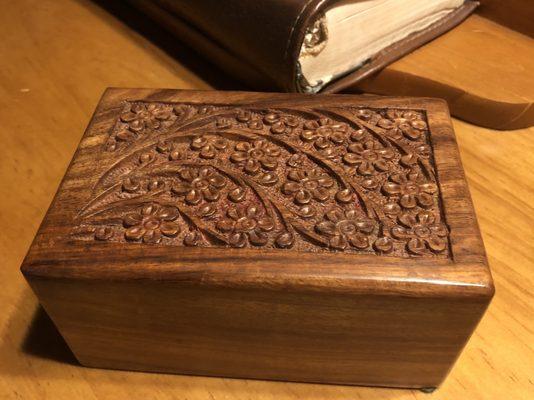 The beautiful wooden box for his remains.