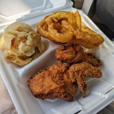 3-piece dinner: chicken thigh, wing, drumstick, and a side of scalloped potatoes and onion rings