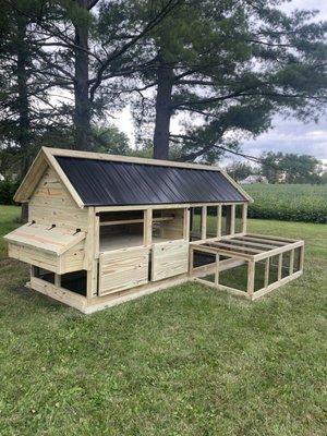 This is our largest coop and run all in one with two side wings added on.