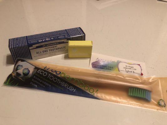 My goodie bag. Natural toothpaste, bamboo toothbrush, and Coco floss!