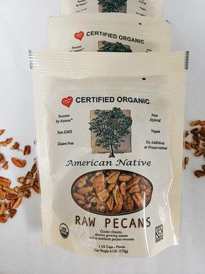 Missouri Native Pecans: Available in certified Organic & non-Organic. Offered in Halves & Pieces. 6 oz bags are shelf stable & reclosable.