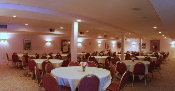 Reception room.  Seating for 114, table linens, table flowers, coffee, cookies and punch included in the cost of reception rental.