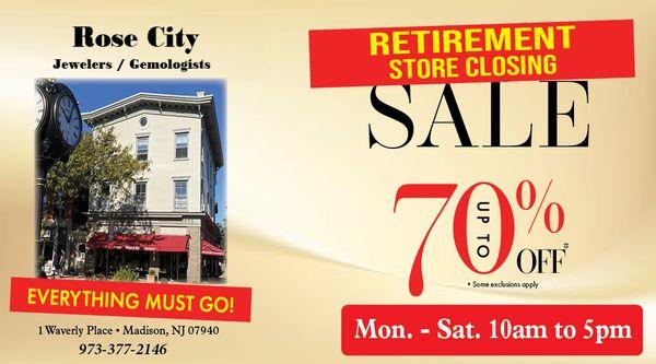 Rose City Jewelers/Gemologists is Retiring. Save up to 70% off. Sale ends Christmas Eve @ 1pm.