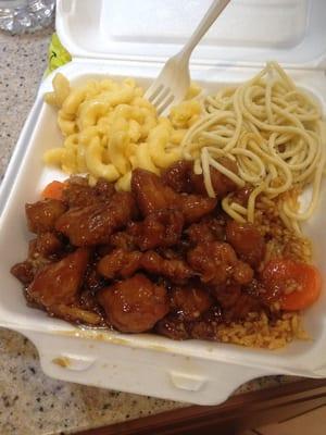 Mall food.  Glazed chicken, jambalaya rice and Mac cheese