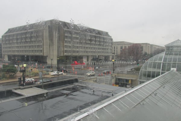 view from inside the USBG towards one of the ugliest buildings in Washington DC, the HHS offices