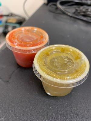 Red and Green sauce. Red is spicier than green. Both tasty