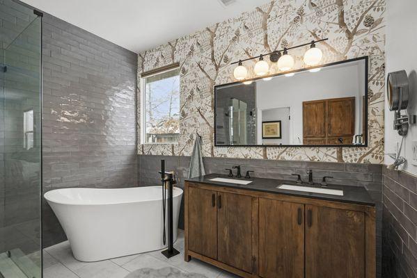 Bathroom Oasis with neutral tones and WOW Fixtures.