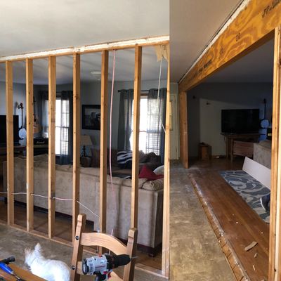 Removal of a wall and installation of an lvl beam to open the kitchen up to the living room.