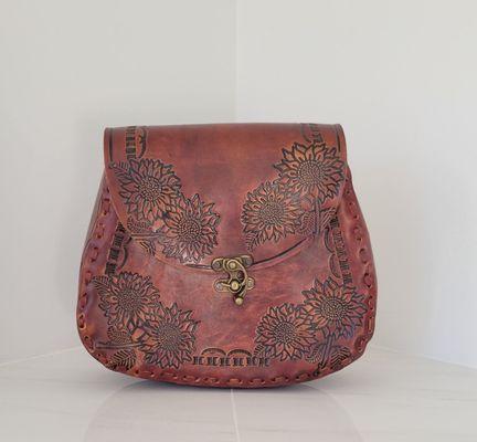 Artisanal Light Brown Embossed Sunflower Leather Purse