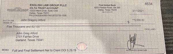 My settlement of $5000.82. I was lucky I didn't have to pay out of pocket for medical expenses. And go to your own doctor don't use theirs.