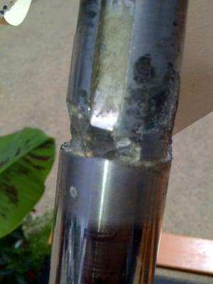 A close up of one of the dangerously corroded prop shafts that Mike Weddell found in my boat and then put the prop back over to cover it up.