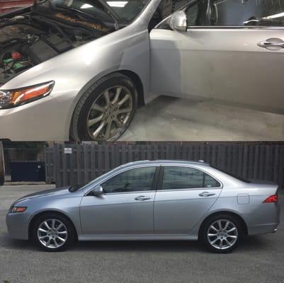 Before and after of Acura TSX getting bodywork done~ they perfectly matched the color!