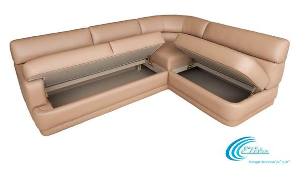 Carver 53 Pilothouse. Glastop Elite Sectional Right L 97" x 74". Innerspring lift lid storage. Upholstered in Ultraleather Cashmere.