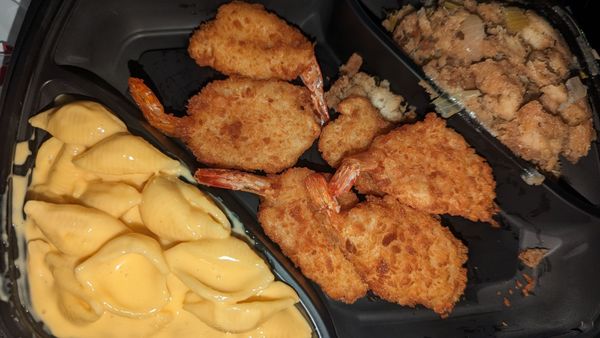 Mac and cheese, fried shrimp, and stuffing!