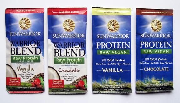 The various flavors of Vegan Sunwarrior Warrior blend plant based protein powders.