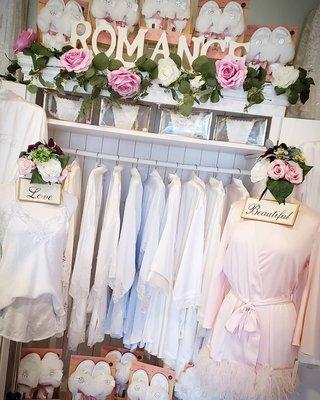 Satin Bridal robes, pretty cami sets, slippers and silk undies.