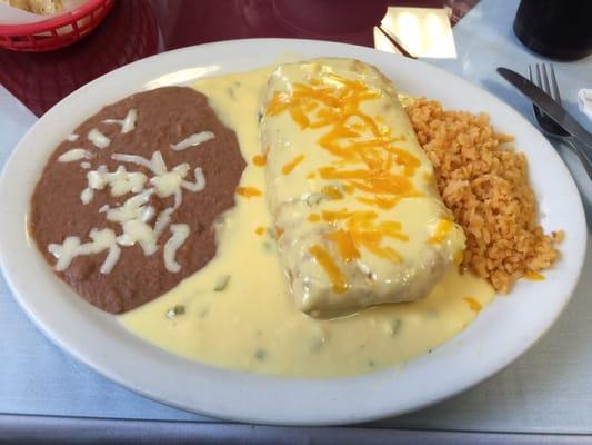 Chimi with cheese sauce. Big portion, very tasty and priced right! Great service.