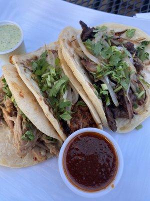 Left to right... Carnitas, Pastor, Carne Asada. The green sauce good but different and the red sauce was spicy and amazing.