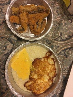 Fried whiting with cheese grits, fried eggs. (Toast and Tea not pictured)