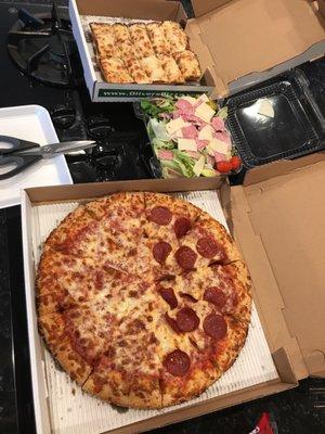 Large pizza, small Antipasto Salad and small bread stick for only $11.99! I price matched!