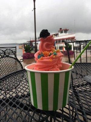 Enjoy some froyo by the water!!! (Pictured is Watermelon Sorbet with nerds, fruity pebbles, & blackberries as a topping!