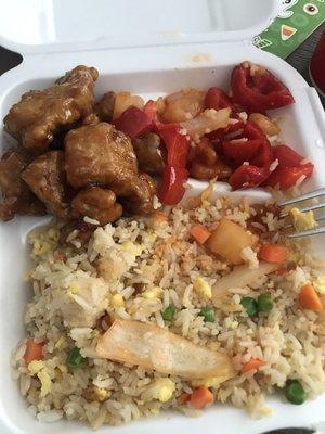 Sweet and sour chicken, orange chicken with fried rice.